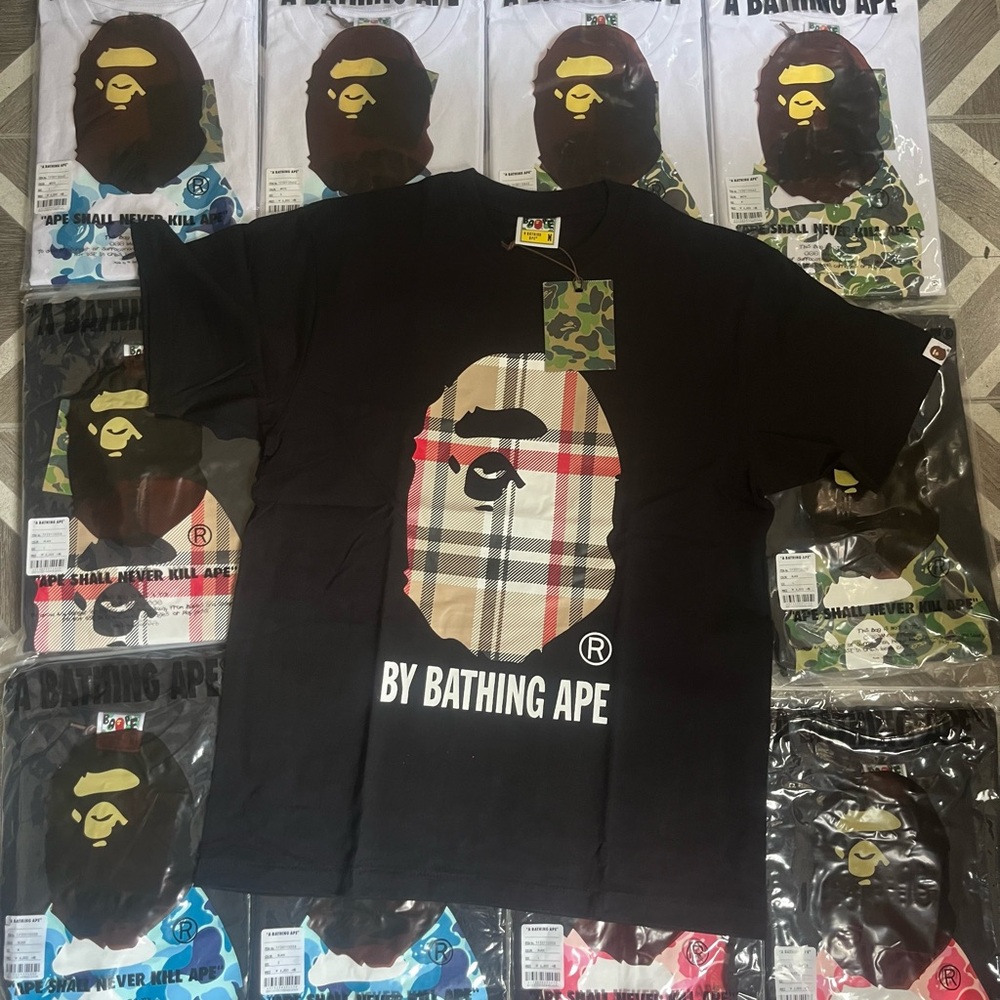 Bape Black Short Sleeve Tee with Plaid Ape Head